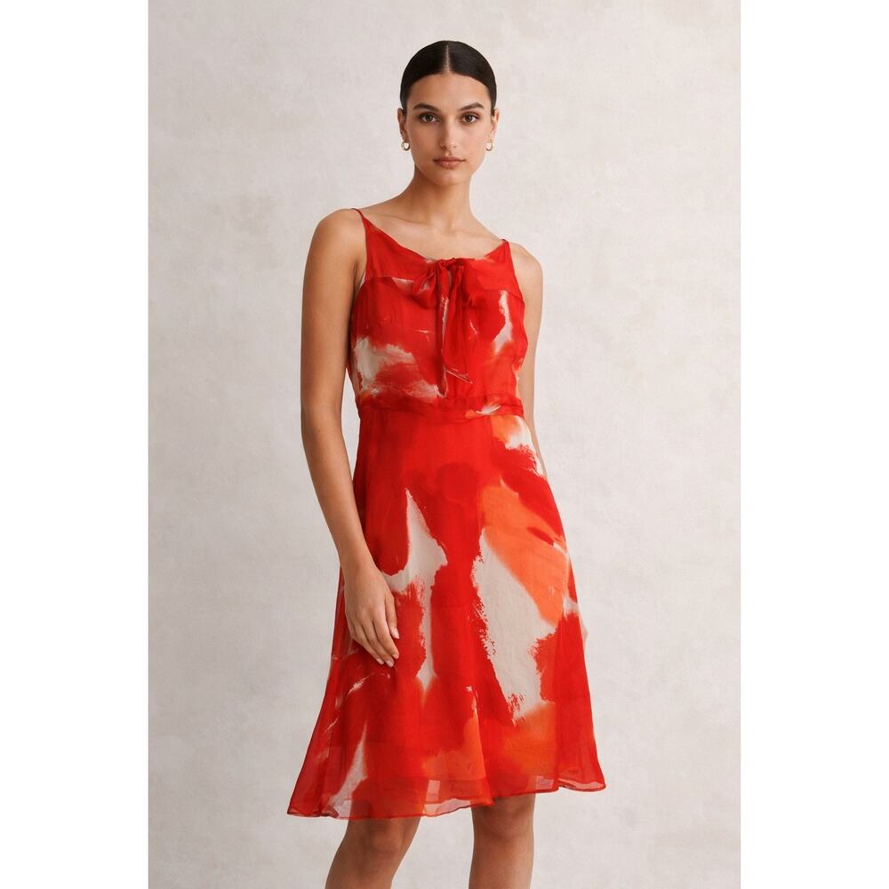 Theory Bright Red Floral Silk Chiffon Strappy Dress Mini Sundress Romantic Small